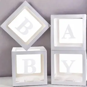 4PCS Baby Balloon Boxes with Letters – Clear White Baby Shower Decoration Boxes for Birthday Party, Balloon Display Blocks