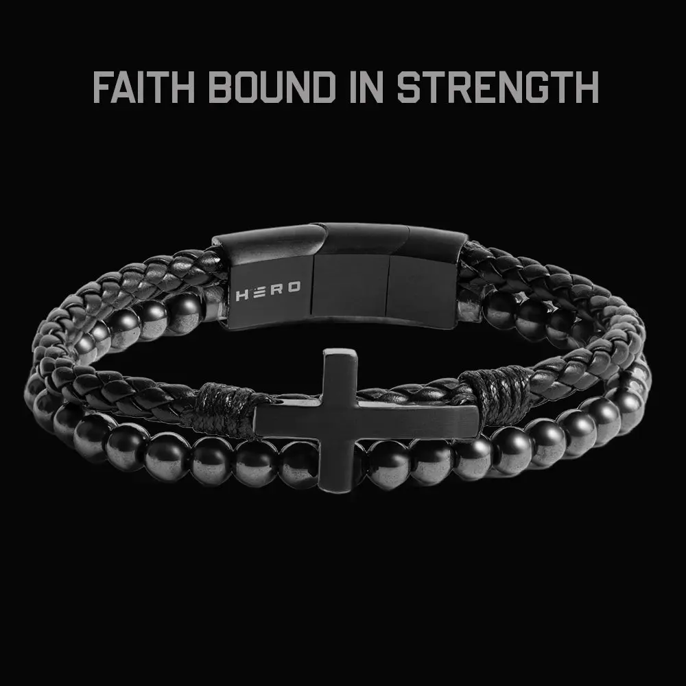 FIDES Cross Leather & Magnetic Hematite Titanium Bead Bracelet TT: Helps Pair Veterans With A Service Dog Or Shelter Dog