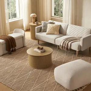 mopio Quin Tambour Round Circle Coffee Table with Storage, Drum Accent, Mid Century Modern, Wood, Fluted Center, Tea Table with Removable Lid, Living Room (Light Oak)