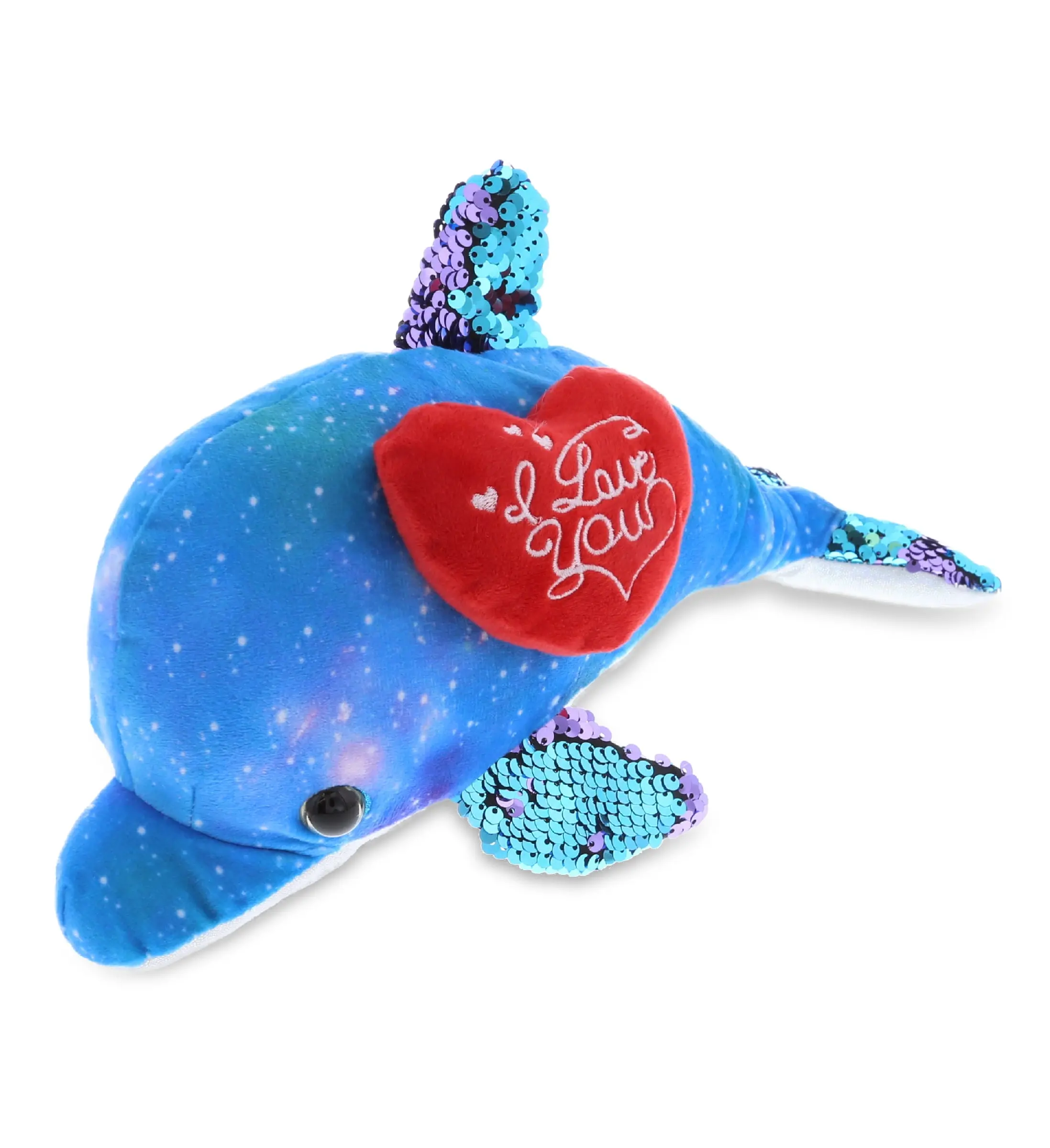DOLLIBU 12" Polyester Space-Themed Sequin Stuffed Dolphin with Red Heart "I Love You" Design, Adults' Bedroom & Apartment Accessories, Toys & Hobbies Stuffed Toy, Bedroom Accessories, Adults Bedroom Accessories
