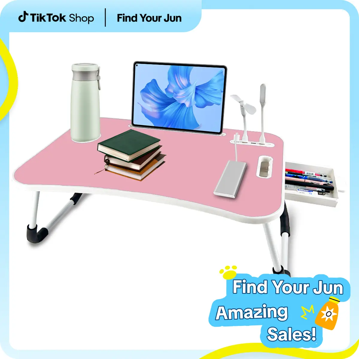 1pc Oversized Portable Laptop Bed Table - Foldable & Durable Wooden Computer Tray with Cup Holder, Drawer, USB, Fan & Light - Ideal for Reading, Writi