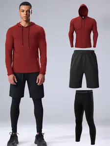 Men's Solid Color Hoodie & Leggings & Shorts Set, Casual Breathable Comfortable Sports Outfits for Basketball Running, Men's Sportswear Set for All Seasons