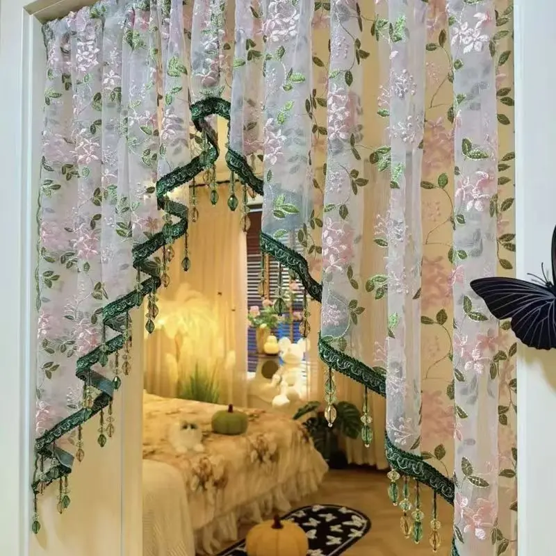 Elegant Lace Curtain Panels - Hanging Type, No Drilling Required, Floral Embroidery Sheer Look Voile Curtains for Hallway, Bedroom