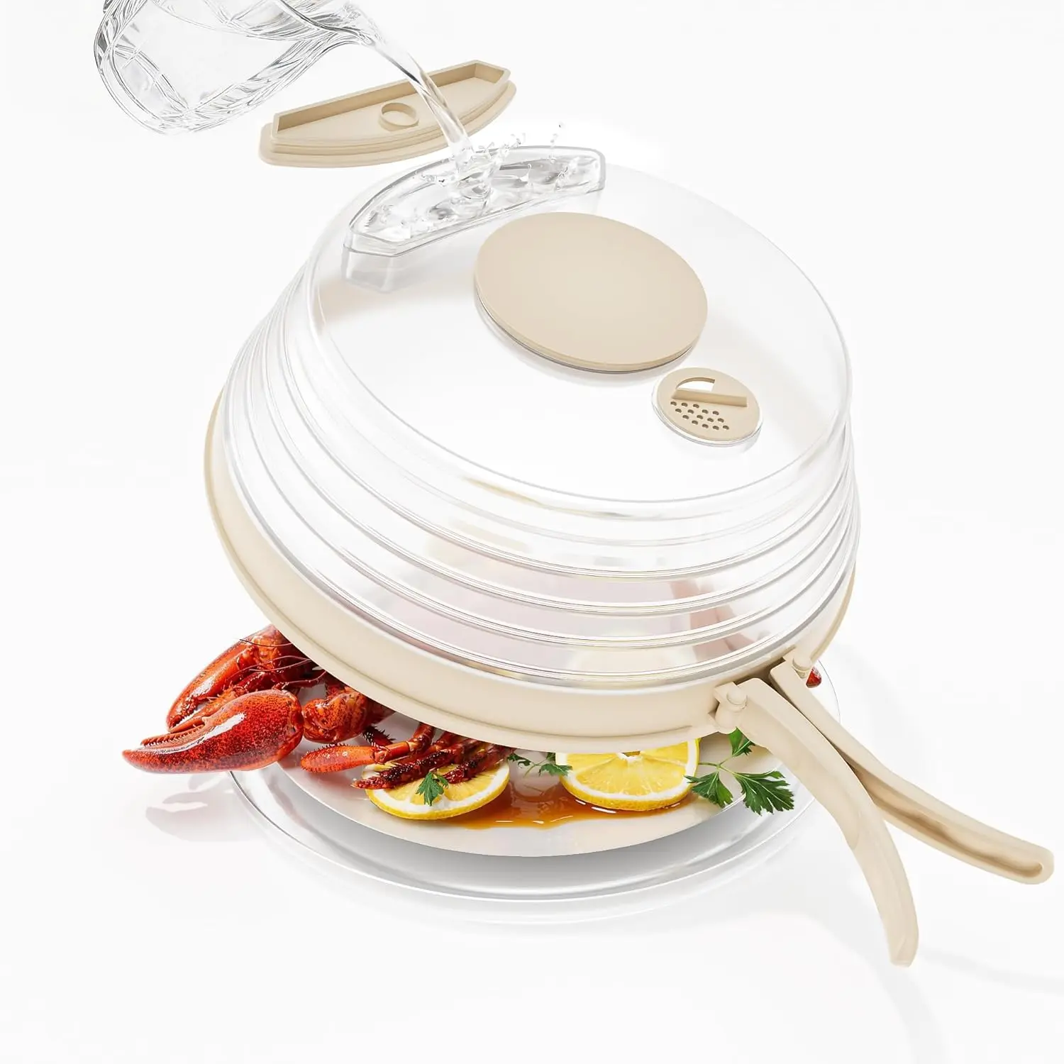 10 inch Microwave Splatter Cover for Food withWater Steamer, Collapsible Plastic & SiliconeMicrowave Plate Cover with Handle and Anti-ScaldBase Plate, Kitchen Cooking Guard, Beige