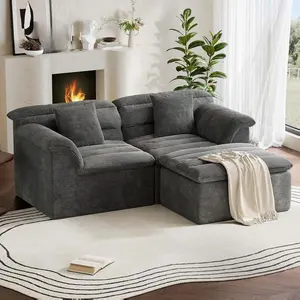 COPIAE 81" Modular Boneless Couch with Ottoman, Corduroy Sofa with 27"Deep Seat, Modern Minimalist Sofa with No Assembly Required, Sectional Sofa Couches with Dual-Layer Upholstered Cushions for Living Room/Apartment Movie Night