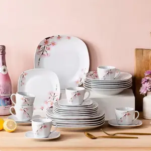 30-Piece White Porcelain Dinnerware Set with Pink Floral Design Elegant Tableware Collection