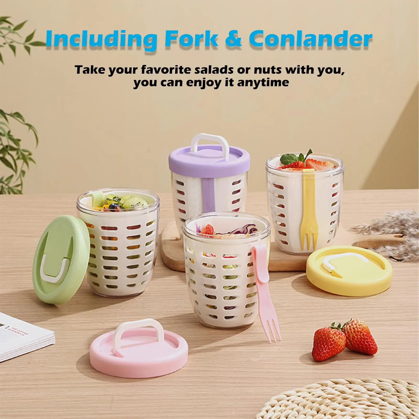 Pink Kitchen Fruit Salad Storage Container with Handle, Lid, Fork, Removable Strainer - Leakproof Seal Kitchen Utensil for Lunch, Hiking, Keeps Food Strained to Fresh