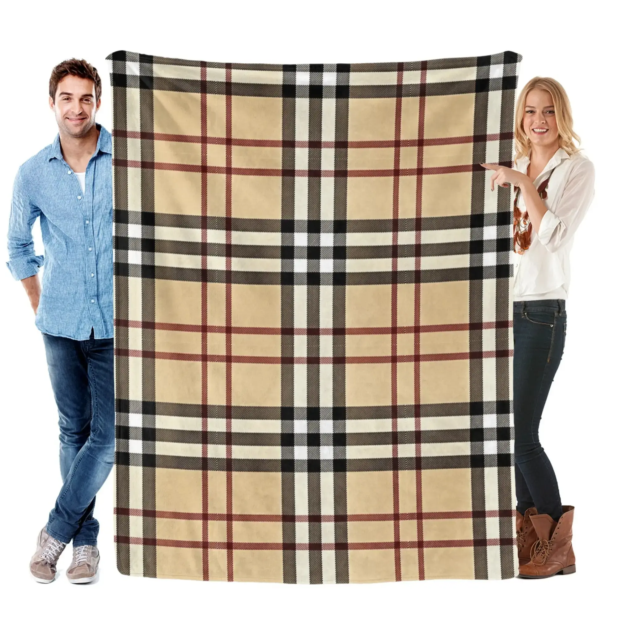 Classic Multi-Tone Plaid Flannel Fleece Blanket, Timeless Vintage Checkered Design with Beige, Brown, Red & Black Motifs, Ultra Warm Soft Fabric, Sleek Versatile Decor Blanket for All Cozy Home Scenes