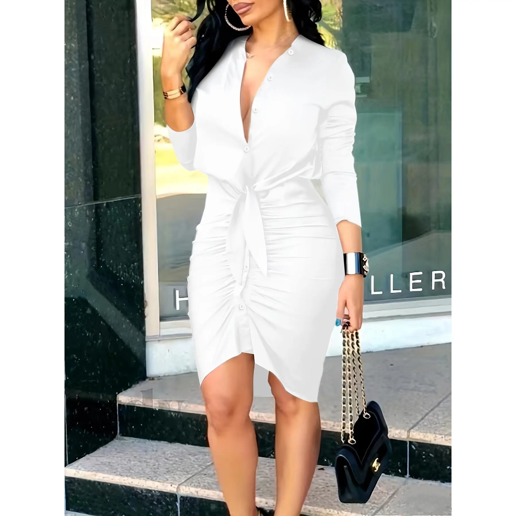 ruched button through bodycon dress Ruched Button Up Slit Cuff Midi Bodycon Dress In BLACK
