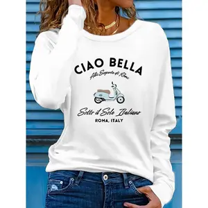 [Latest Style] Italian Style Motorcycle Pattern Printed T-Shirt, Casual Round Neck Base Shirt, Spring And Summer Vacation Long Sleeve T-Shirt, Women'S, New Women'S Clothing, Machine Washable