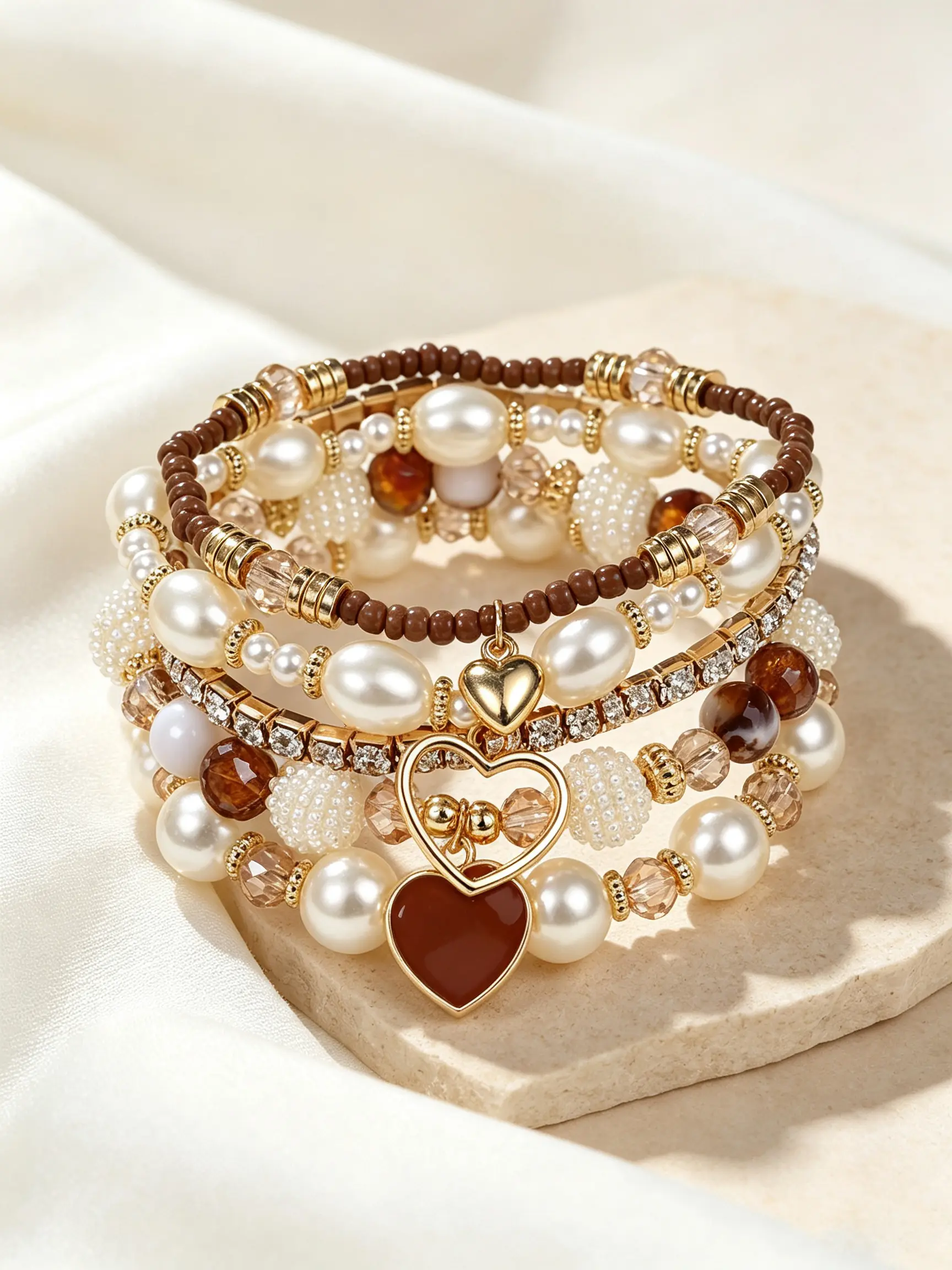 Women's 5-Pcs Bohemian Heart Layered Charm Bracelet Set - Vintage Faux Pearl, Rhinestone Beaded Matching Bracelets, Jewelry Design Mothers Day Gift, Matching Bracelet