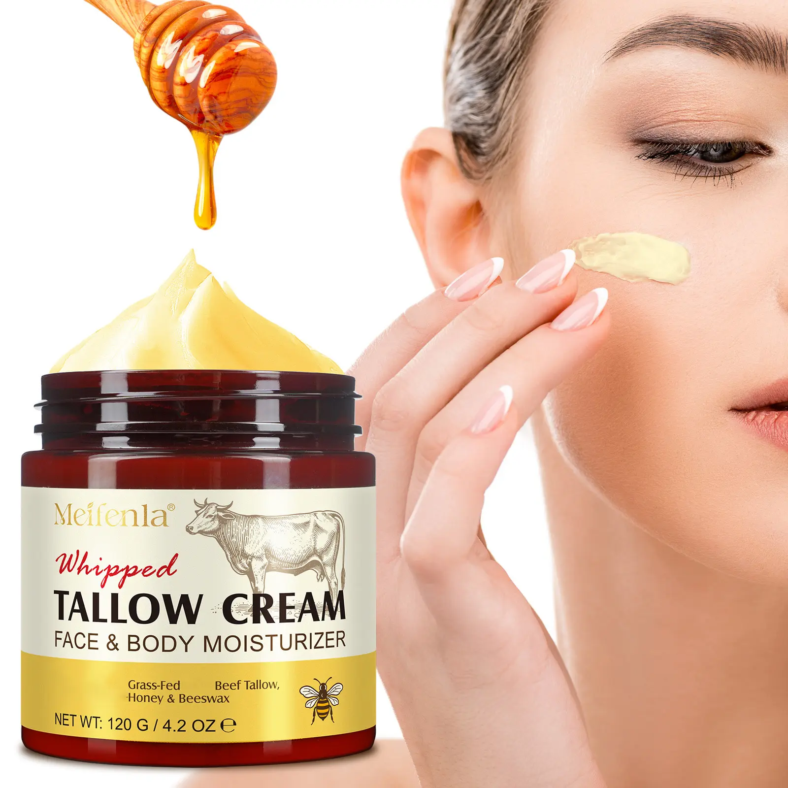 Meifenla Hydrating Multi Balm with Grass-Fed Beef Tallow, Raw Honey & Beeswax, Solid Face & Body Moisturizer for Dry Sensitive Skin, Unisex