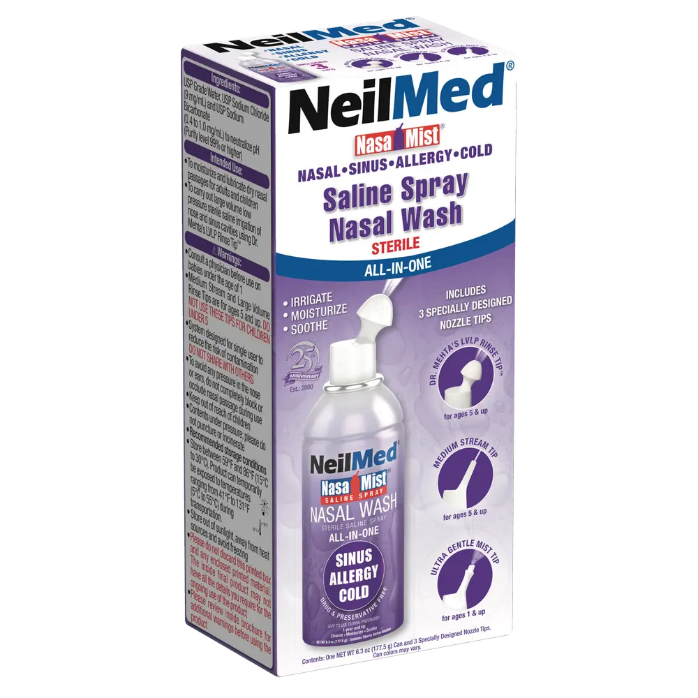 NeilMed NasaMist All-in-One Saline Spray Nasal Wash - Sterile, Isotonic, Preservative-Free, pH Balanced for Sinus Allergies & Dryness