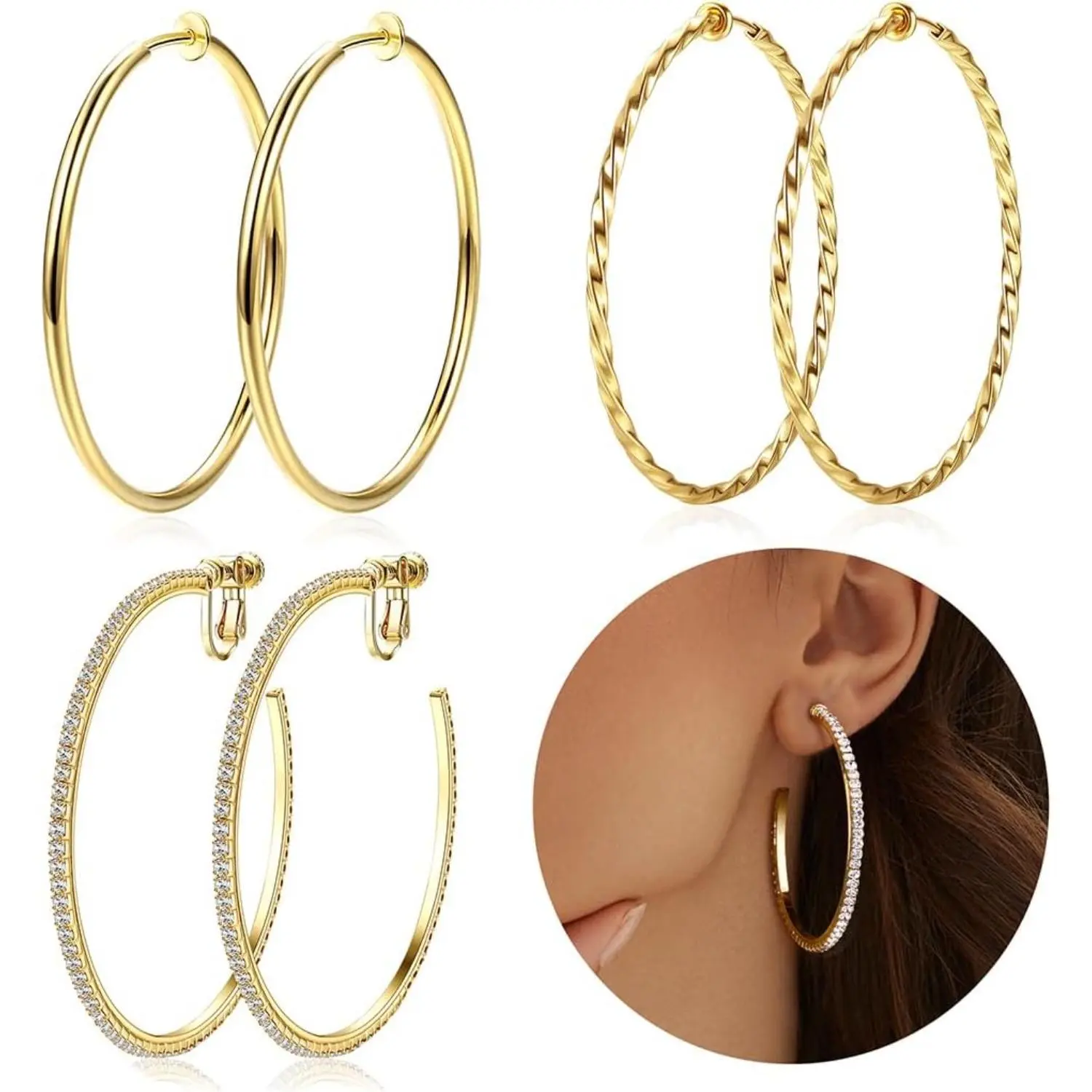 Milacolato Women's Non-Pierced Clip-On Hoop Earrings - Gold Stainless Steel Bling Effect Hoop Shape Earrings, Lightweight, 3 Sizes (30-60mm), Earrings For Women, Non Tarnish Earrings