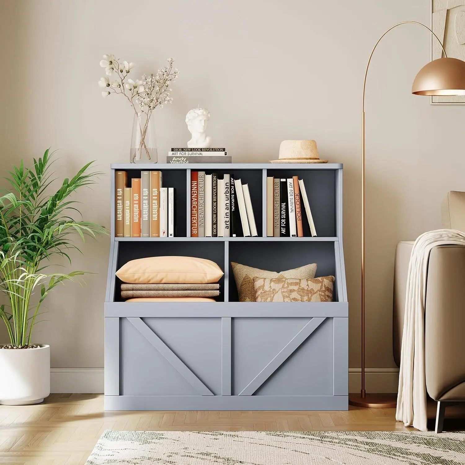 GARVEE Rectangular Kids Toy Storage Bookshelf Organizer with Sturdy Base - Toddler Nursery Playroom Indoor Furniture, Grey Children’s Room Bookcase