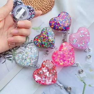 New Sparkly Sequin Retractable 360 Degree Rotating Alligator Clip Heart Shape ID Badge Holder, Perfect Gift for Valentine's Day