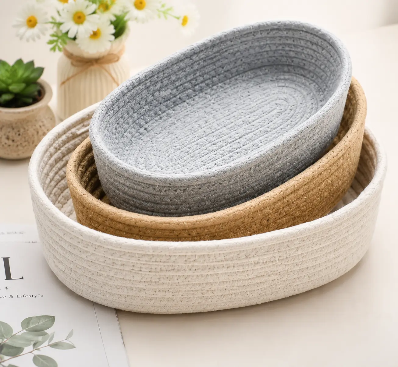 Cotton Rope Woven Storage Basket, Handmade Boho Basket for Home Organization, Decorative Oval Basket for Bedroom, Bathroom, Nursery, Desk & Living Room Decor