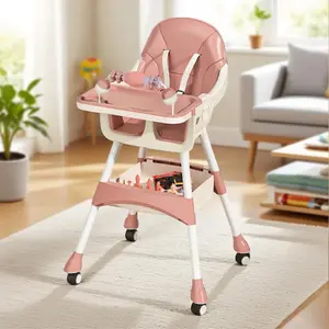Portable Baby High Chair for Babies & Toddlers, Easy-Clean Multi-Use Feeding Chair with Lockable Wheels & Toy Storage Basket-Pink