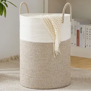 Cotton Rope Laundry Basket by , 58L Woven Collapsible Laundry Hamper, Clothes Hamper with Reinforced Handles in the Laundry Room, Bedroom, Bathroom, Brown