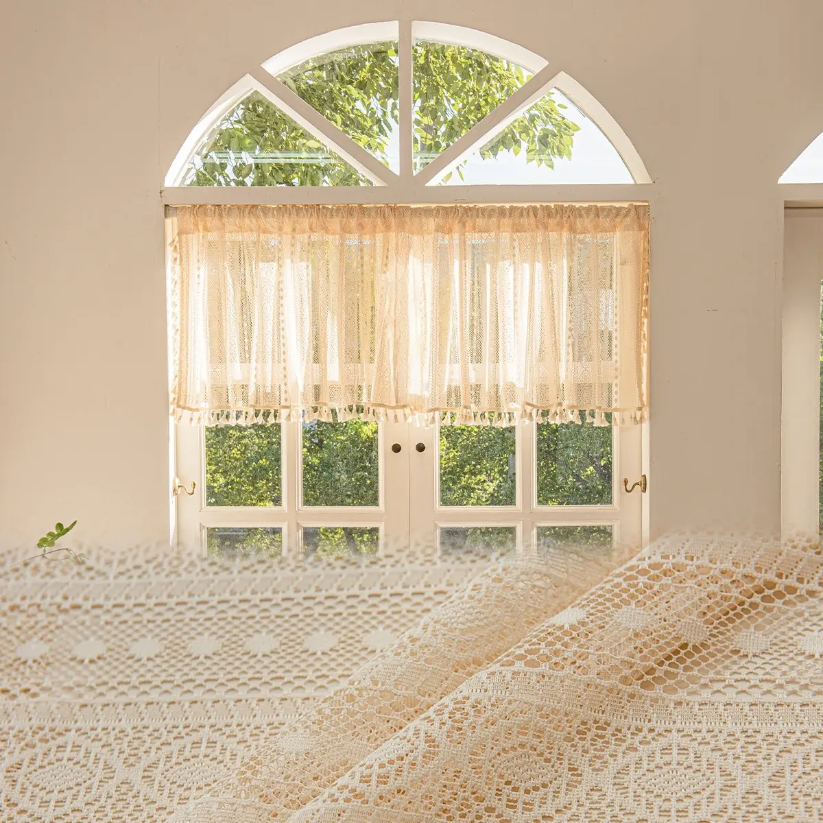 Boho Braided Lace Short Curtain, Kitchen Curtain, Small Window Coffee Curtain, Semi-Transparent Sheer Curtain, Easy Install, Multi-Purpose Home Decor