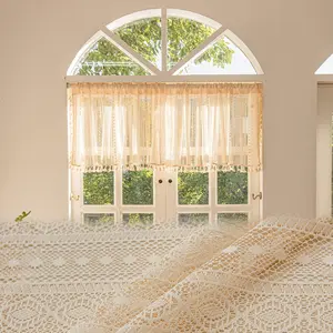 Bohemian Woven Lace Short Curtain, Semi-Sheer Cafe Curtain with Tassels, Curtain Valances, Kitchen Window Treatment, Rod Pocket Design, Privacy Drape for Kitchen, Bathroom, Cabinet, Closet, Washable, Multi-Purpose Home Decor