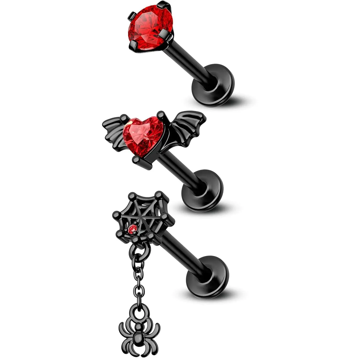3-Piece Halloween Cartilage Stud Earrings, Black Red Stainless Steel Gothic Spider & Bat Wing Helix Jewelry, 16g 8mm Flat Back Internally Threaded, Birthday Gift, Thanksgiving