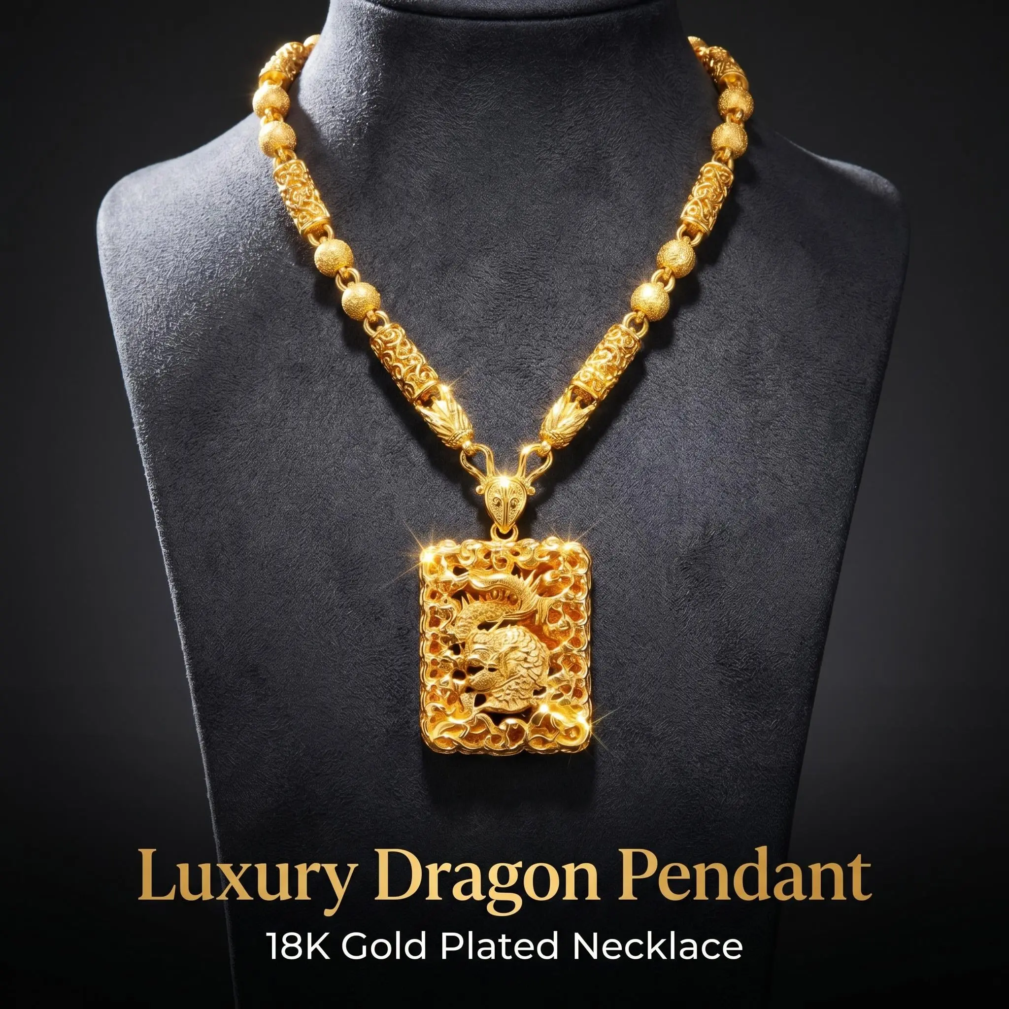 Men's 18 Gold-Plated 3D Carved Double Dragon Totem Chunky Pendant Necklace, 60cm Beaded Chain, Chinese Feng Shui Auspicious Charm, Religious Protective Jade Ornament, Modern Fashion Ethnic Jewelry, Adults' Everyday Wear Gift, Hollow Filigree