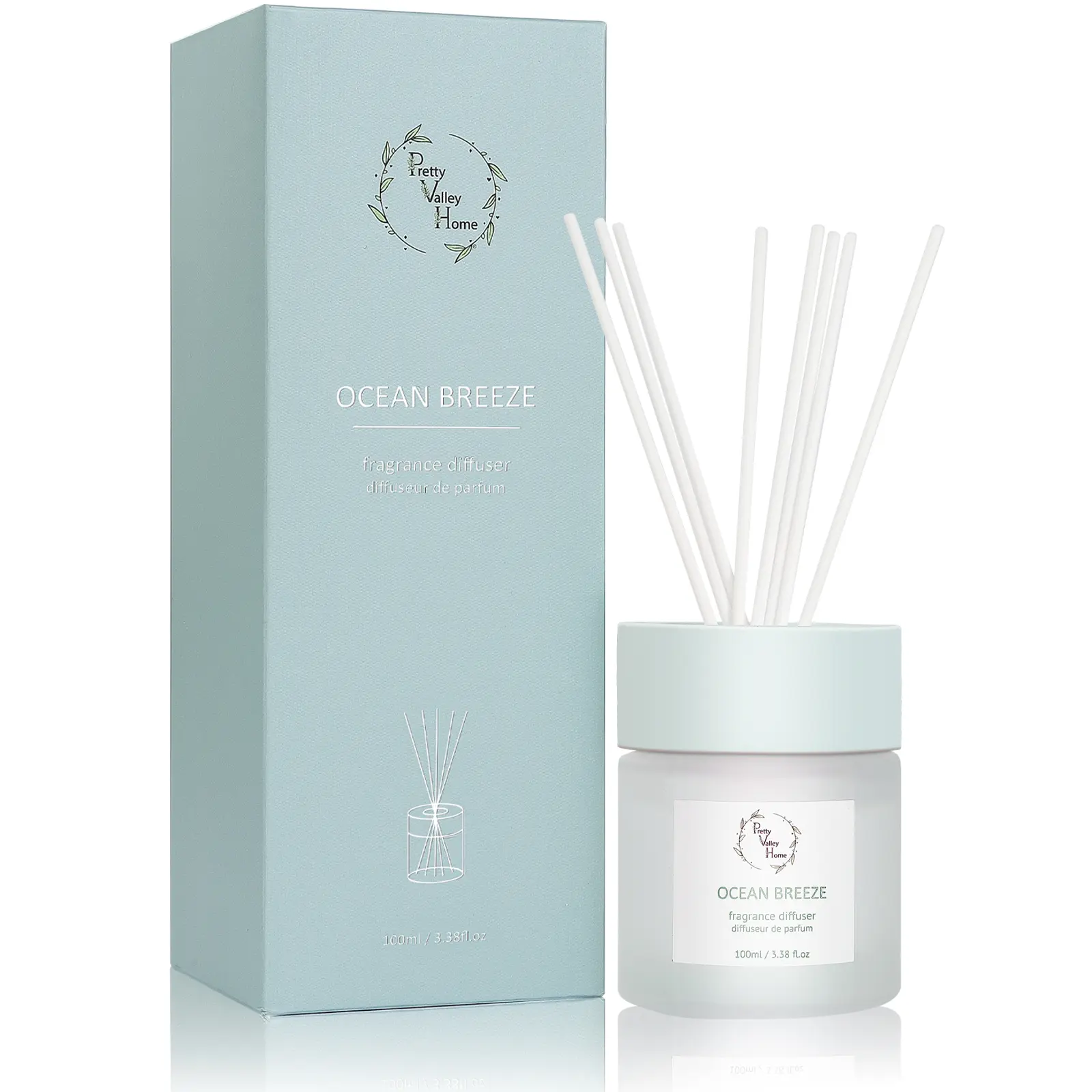 Pretty Valley Home-Reed Diffuser Set, Pretty Valley Home Diffuser 100Ml / 3.38fl OZ Gift Box - Includes Reed Diffuser Sticks, Fragrance Oil, and Glass Bottle for Bathroom Office Living Room Decor (Ocean Breeze)