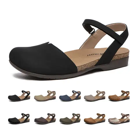 Athlefit Women's Closed-Toe Casual Sandals - Breathable Smooth Leather, Comfort Cork Footbed, Arch Support, Adjustable Strap, Black Daily Fashion Footwear for Summer Walking, Gardening,outdoorfun