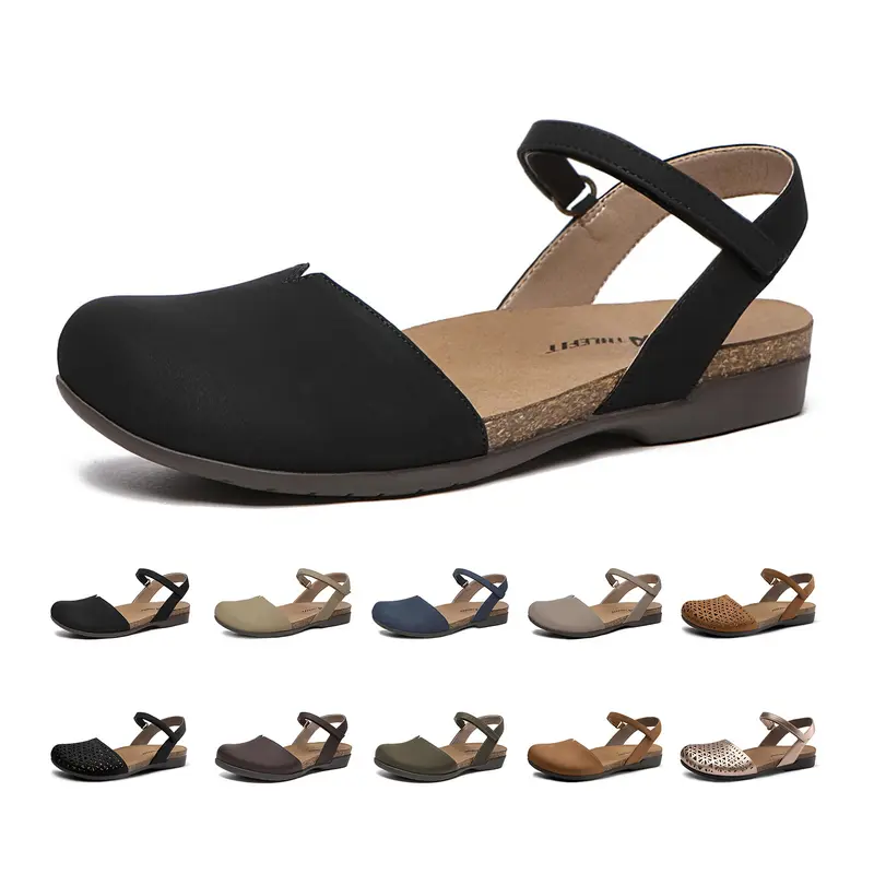 Athlefit Women's Closed-Toe Casual Sandals - Breathable Smooth Leather, Comfort Cork Footbed, Arch Support, Adjustable Strap, Black Daily Fashion Footwear for Summer Walking, Gardening,outdoorfun