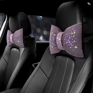 2 count Rhinestone  Headrest  Pillow for Driving with Bling Bling  Bow Pillow  Accessories for Women (Pink)
