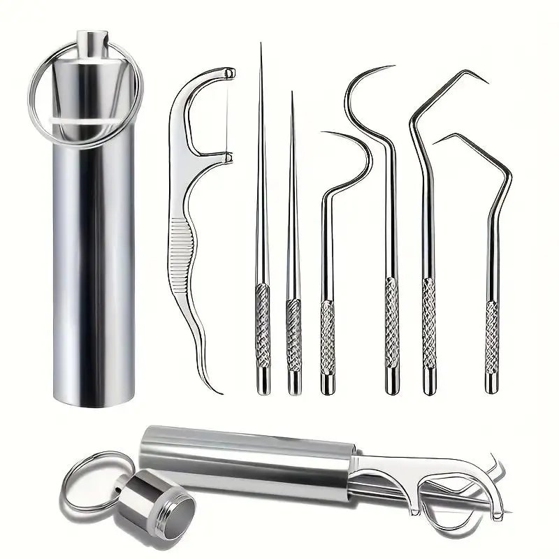 Portable Teeth Cleaning Kit, Stainless Steel Toothpick & Floss Set, Interdental Flosser, Reusable Teeth Cleaning Kit, Portable Pocket Size Teeth Cleaning Tool for Home & Travel
