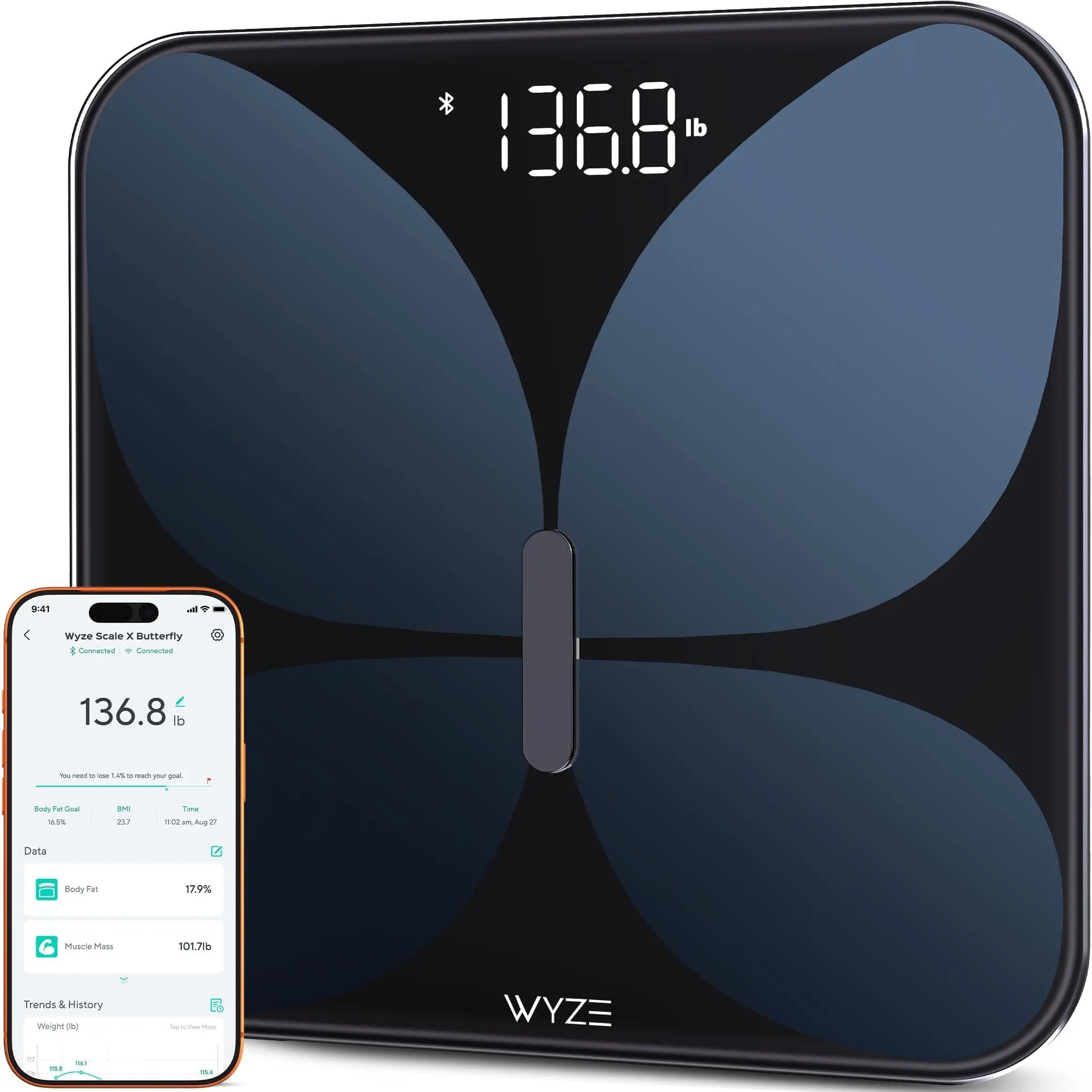 Wyze Scale X Butterfly - Scale for Body Weight, BMI, Body Fat, Muscle Mass, Accurate Smart Bathroom Digital Scale with Heart Rate Monitor | Sync Fitness Apps | for People, Baby & Pet, 400 lbs (Black)
