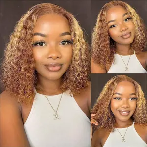 Highlight Ombre Bob Wig Human Hair 13x4 Deep Curly Wave Lace Frontal 4/27 Colored, 180 Density Short Wigs for Women Pre Plucked with Baby Hair Natural Hairline (12 Inch)