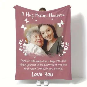 Personalized "Embrace from Heaven" Photo Blanket - Soft, Tear-Resistant Flannel, Comfortable for All Seasons, Pink Butterfly Design, Ideal Gift for Grandparents, Cozy Blanket
