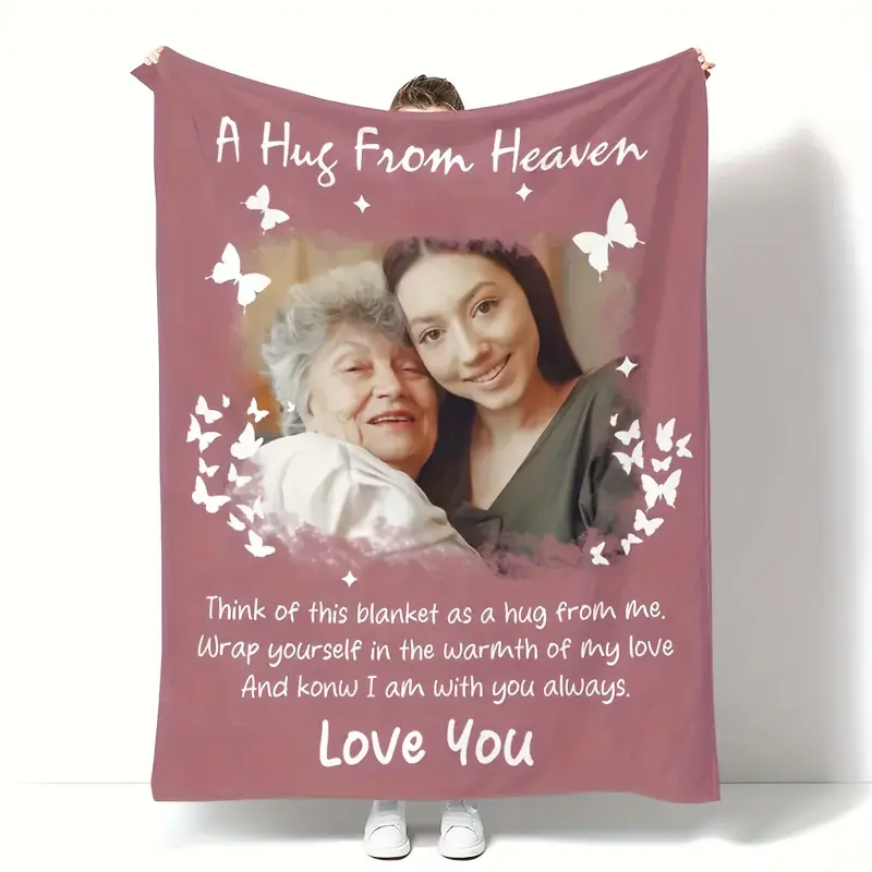 Personalized "Embrace from Heaven" Photo Blanket - Soft Flannel, Breathable, Durable, Tear-Resistant, All-Season Cozy, Pink Butterfly Animal Pattern, Ideal Gift for Grandparents