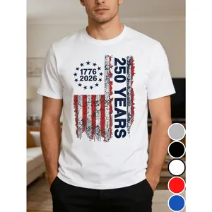 America 250th Birthday T-Shirt, US Flag, Men's Short Sleeve Crew Neck T-Shirt, Casual Breathable Tee, Stylish Summer Top, Halloween Thanksgiving Christmas Gift for Men Women Family Friends