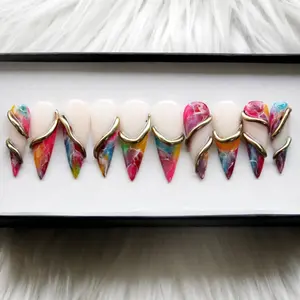 Trendy Color Mix Marble Press on Nails, Ceramic White Gold Ring Nail Set