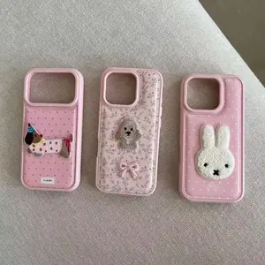 Embroidered Cartoon Puppy Miffy Rabbit Compatible with iPhone 17 Pro Max Leather Texture Phone Case New 16/15/14 Soft