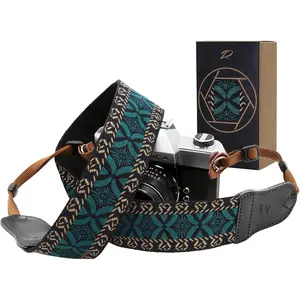 Mystic Green Embroidered Camera Strap - Double Layer Cowhide Ends,2"   Camera Straps, Adjustable  &  Strap for  DSLR Cameras,  for Photographers
