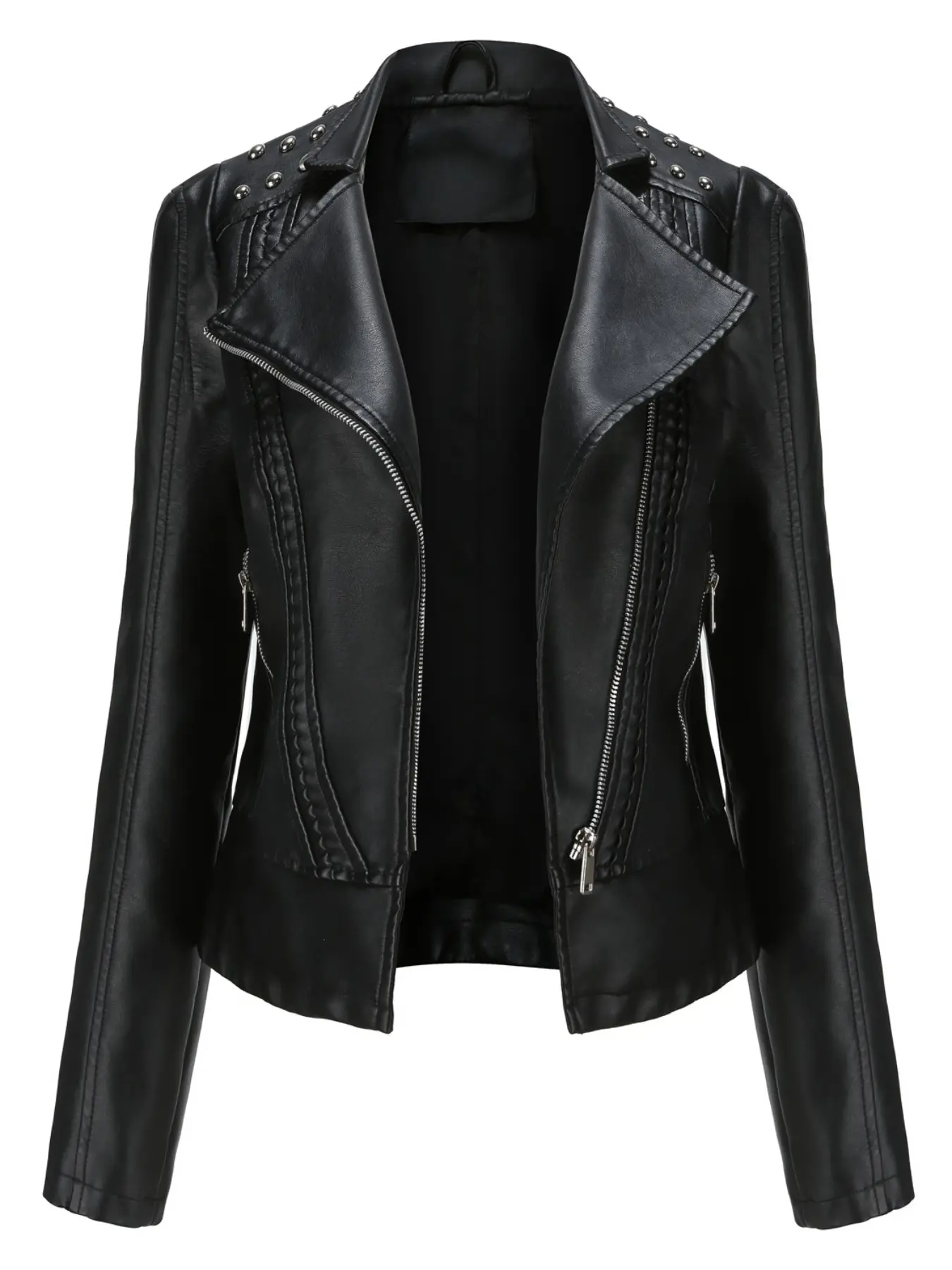 Women's Beaded Patchwork Leather Fitted Jacket Spring Autumn Chic Aesthetic Fashion Motorcycle Coat Cute Street Style Streetwear Artificial PU Outerwear Asymmetrical Front Design Casual Holiday Wear Womenswear