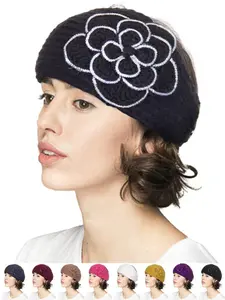 JINS CLOSET Women's Flower Pattern Knitted Warm Headband 100% Acrylic Fashionable One Size Fits Most Hand Wash Only