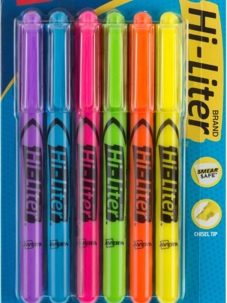 Back to school 6 Pack Highlighters, Fluorescent Assorted Colors, Quick Dry, Pen Style Chisel Tip highlighter marker, Smudge Free, Pocket Size