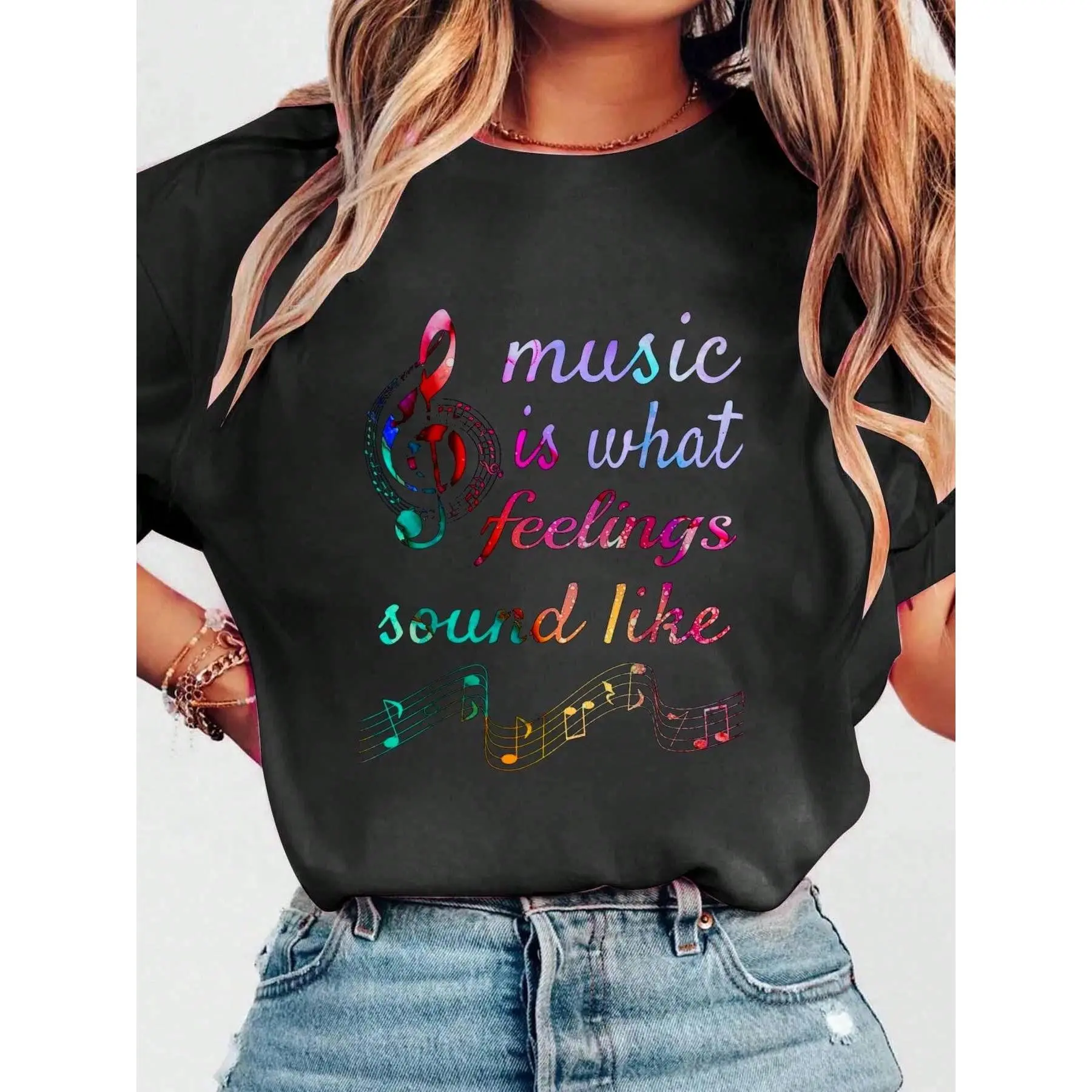 Music Is What Feelings Sound Like Music T-ShirtPrint Crew Neck Casual T-Shirt Short Sleeve Sports Top. Smart CasualStreet Style Women's Clothing graphic tees women crop tops summer outfits for women summer tops T-Shirt