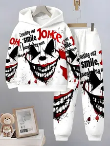 Boys Fashion Junior Cartoon Anime Pattern 3D Printed Casual Hoodie Set, Long Sleeve Sports Wear, Fall Winter Outdoor Hoodies, Fitted Style