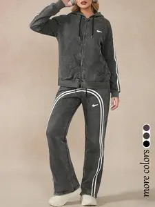 Women's Casual Hip-Hop Zip Hoodie Set, Comfortable Soft Fabric, Loose Straight Leg Striped Pants, Perfect for Daily Wear, Parties, Shopping, Sleepwear