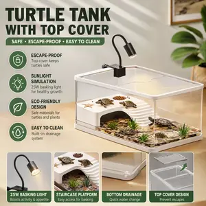 Clear Turtle Tank with Basking Platform, Drainage System & Adjustable Basking Lamp, Escape-Proof Reptile Enclosure for Turtles, Fish, Amphibians, Land-Water Separate Habitat with Landscaping Kit, Durable Pet Terrarium/Aquarium