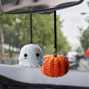 Crochet Ghost & Pumpkin Rear View Mirror Hanging Car Charm Handmade Cute Halloween Fall Spooky Season Ornament Amigurumi