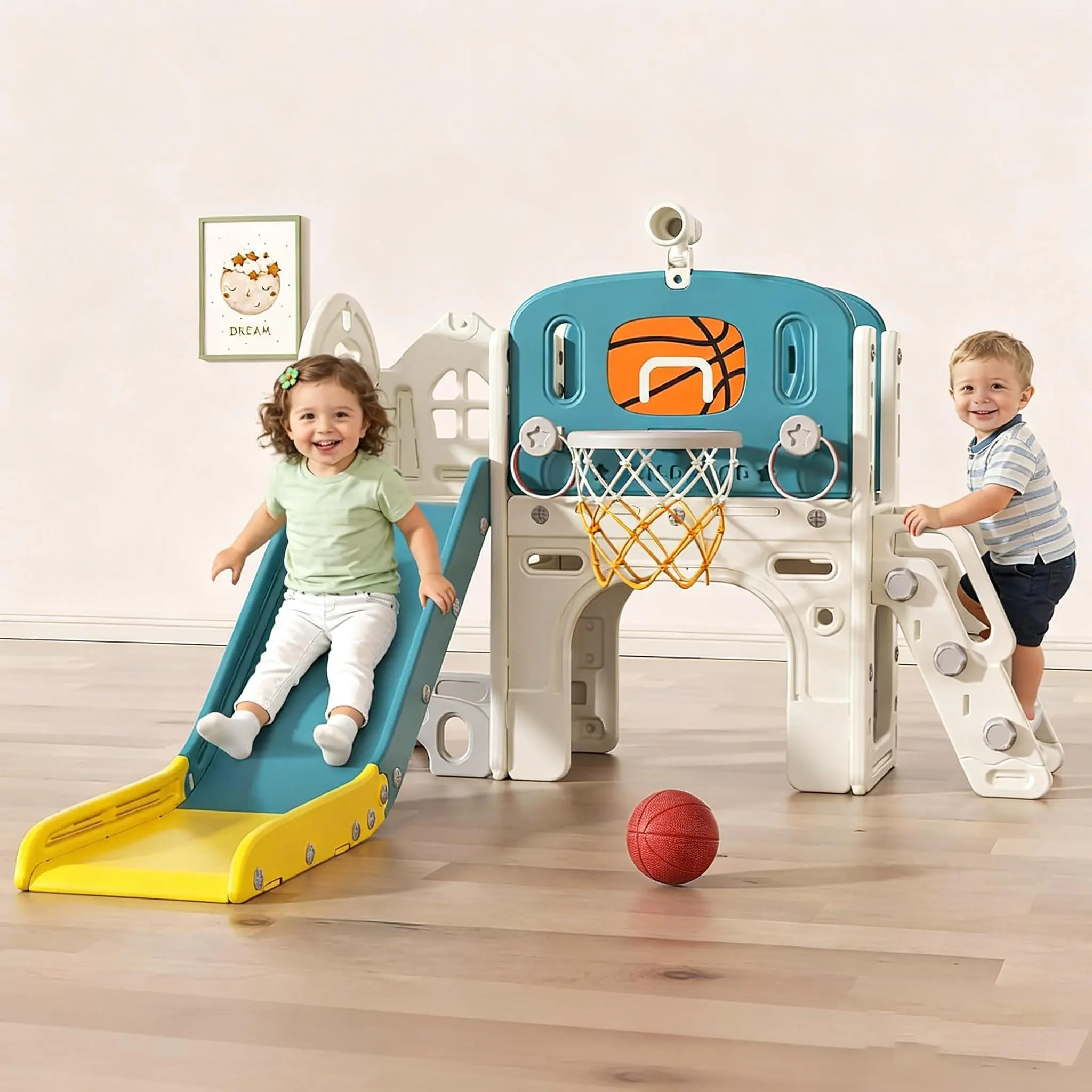 BIERUM 9-in-1 Durable Toddler Toys Playground Equipment, Foldable Climber Slide Set for Ages 1-3 with Basketball Hoop, Ring Toss, Indoor Outdoor Use, Gifts