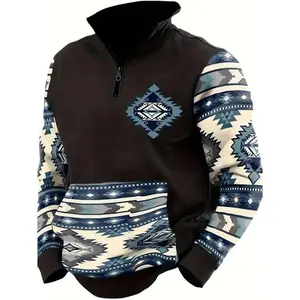 Geometric pattern long-sleeved loose round-neck sweater, loose sports shirt. Blue and white color scheme. Casual top for spring and autumn seasons.
